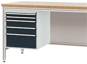 Bürotisch mit Metallrahmen, Holzplatte und vier schwarzen Schubladen links unter der Tischplatte.