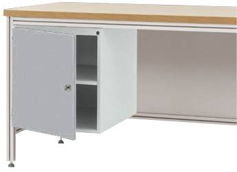 Abbildung eines Tischs mit einem offenen, grauen Schrank an der Seite. Der Schrank hat zwei Fächer und steht auf vier Beinen.