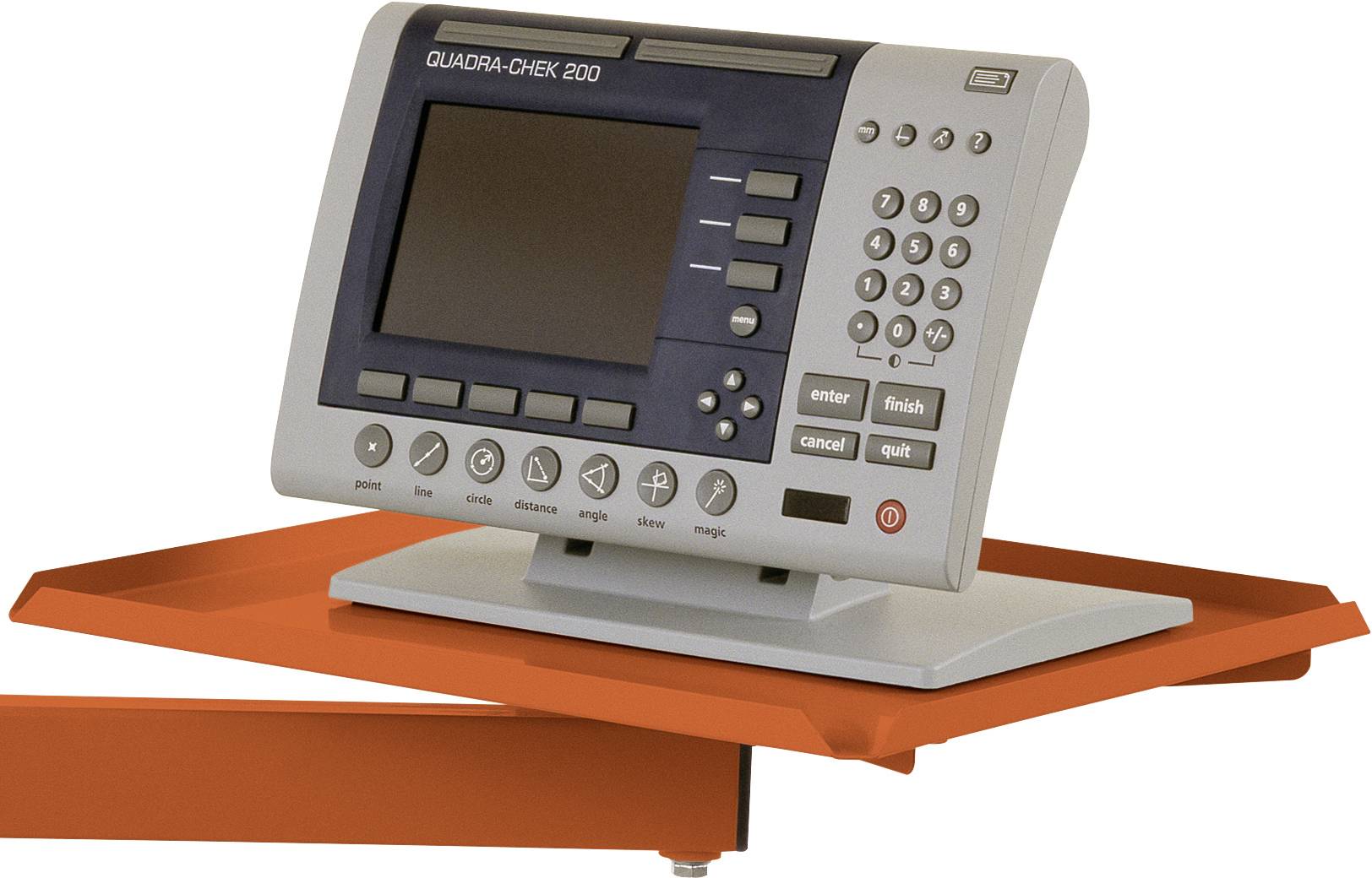 Messgerät auf roter Plattform mit Bildschirm, Tastenfeld und Aufschrift 'Quadra-Chek 200', zur Steuerung und Messdatenerfassung.