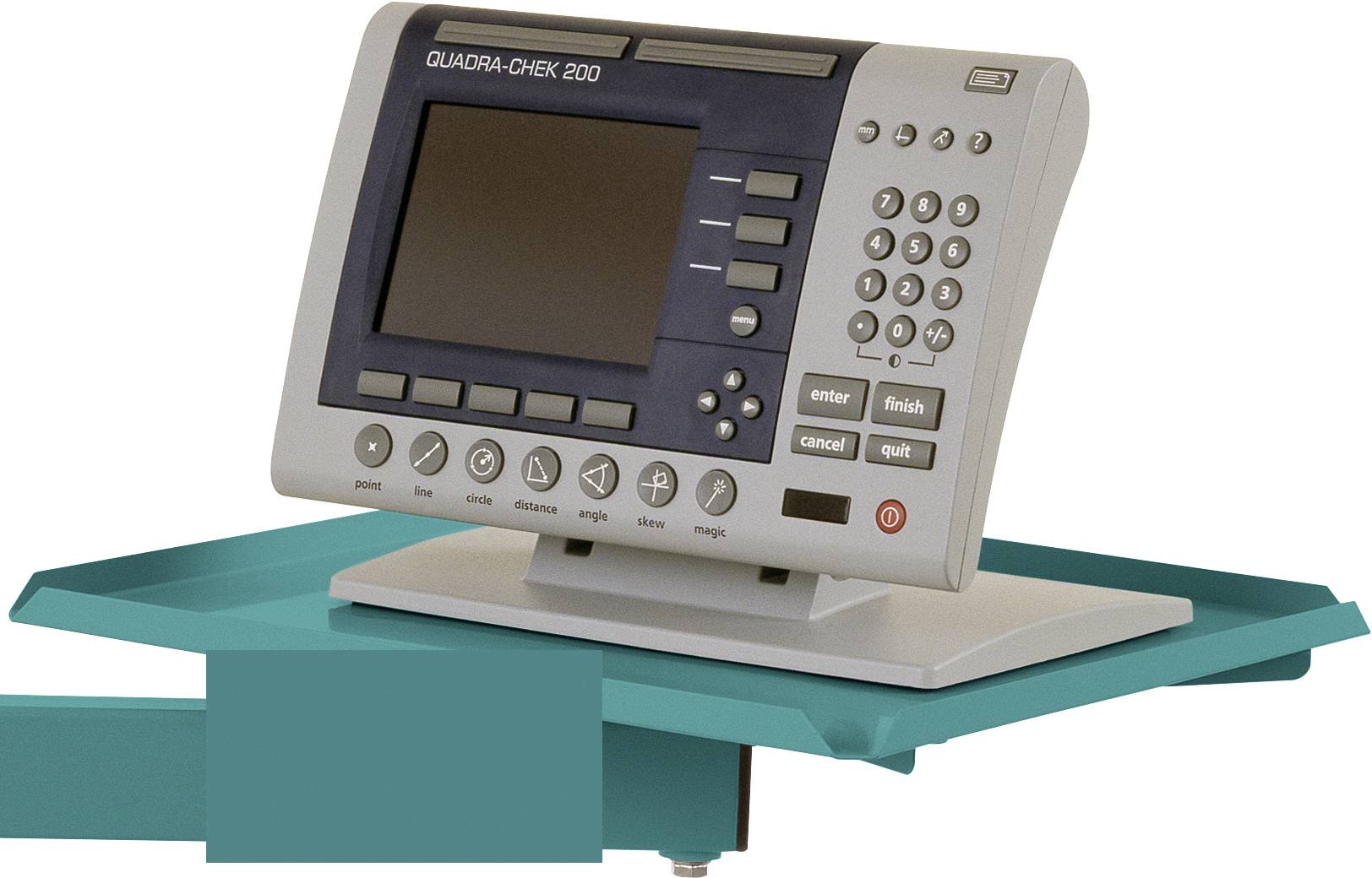 Messgerät mit Bildschirm und Tastenfeld, auf dem 'QUADRA-CHEK 200' steht, auf grünem Ständer montiert. Zur industriellen Messung.