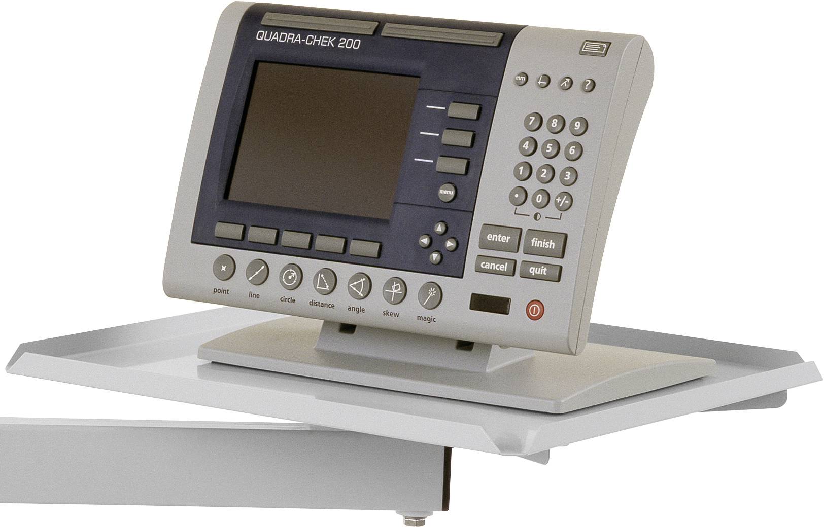 Ein graues elektronisches Messgerät mit Tasten und Bildschirm. Es ist auf einem schwenkbaren Arm montiert und dient zur präzisen Messung von Werkstücken.