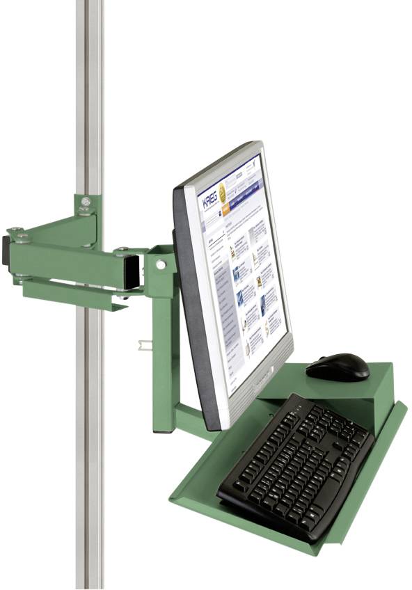 Grüner Computer-Ständer mit Monitor, Tastatur und Maus an einer vertikalen Schiene montiert, ideal für platzsparende Arbeitsplätze.