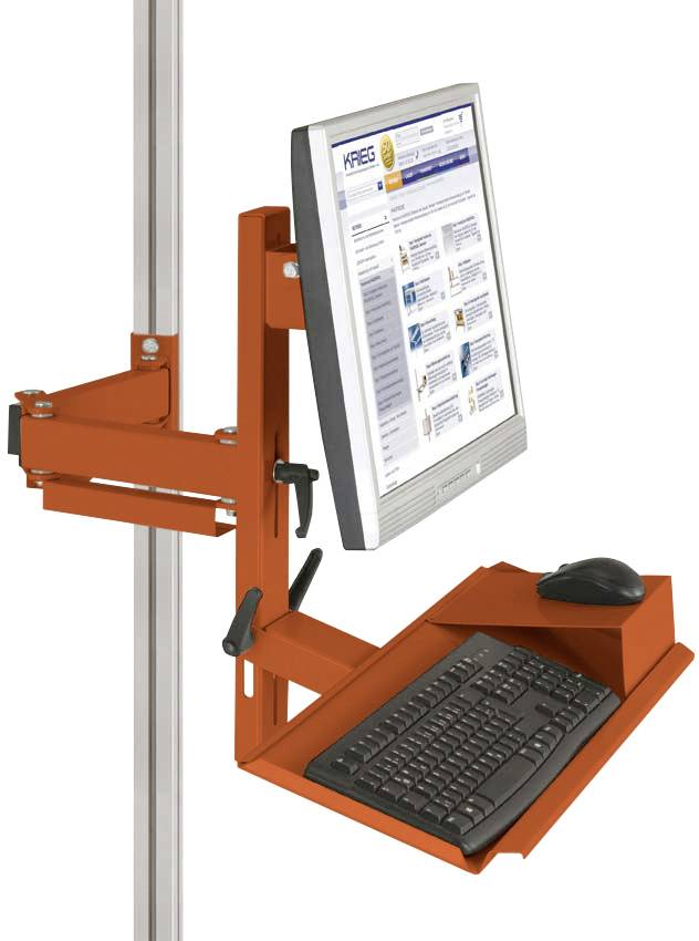Ein höhenverstellbarer Monitorhalter mit Tastaturablage, an einer vertikalen Stange montiert. Zeigt Software-Website auf dem Bildschirm.
