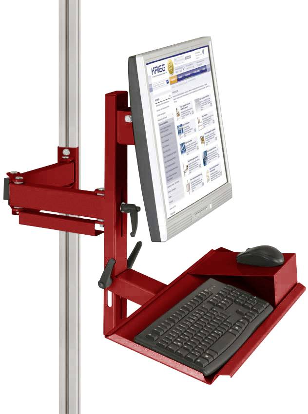 Roter, höhenverstellbarer Monitorhalter mit Ablage für Tastatur und Maus, montiert an einer vertikalen Schiene.