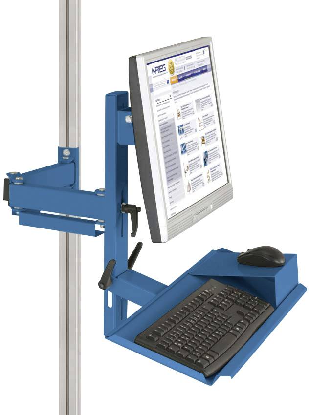 Ein blaues Computerstation-Montagesystem mit Monitor, Tastatur und Maus an einem vertikalen Mast befestigt, für Werkstattnutzung geeignet.