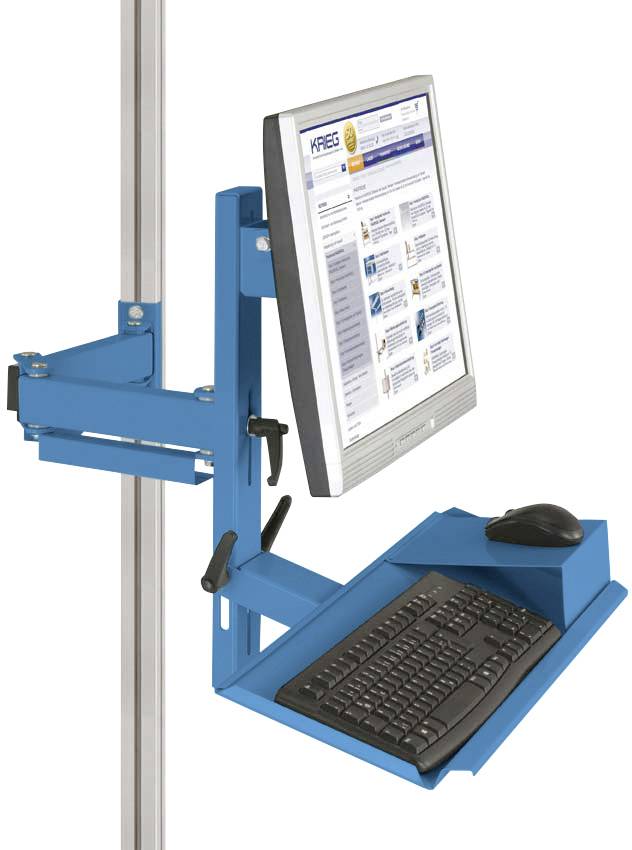 Blaue Monitor- und Tastaturhalterung an einem vertikalen Ständer, mit Bildschirm und Tastaturhalterung, ideal für platzsparende Arbeitsumgebungen.