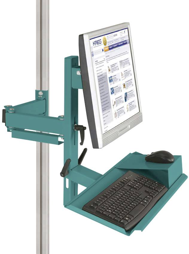 Ein Computerarbeitsplatz mit einem Monitor, einer Tastatur und einer Maus, befestigt an einer vertikalen Schiene zur Höhenverstellung.