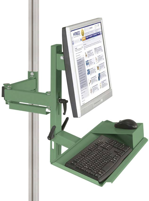 Ein Bildschirm und eine Tastaturhalterung an einer vertikalen Stange, geeignet für Werkstätten oder industrielle Umgebungen.