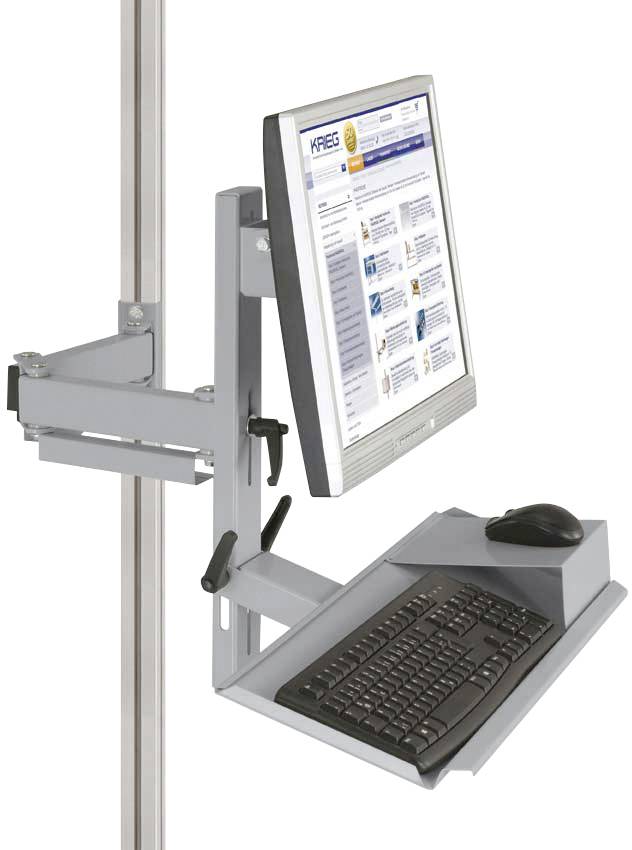 Montagehalterung an einer vertikalen Stange; darauf ein Bildschirm mit geöffnetem Webbrowser, darunter eine Tastatur und Maus.