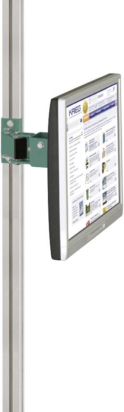 Ein Computerbildschirm zeigt eine Webseite, auf einem grünen Halter montiert, befestigt an einer vertikalen Schiene.