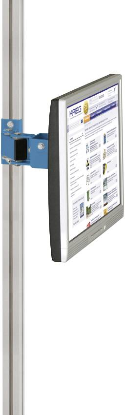 Ein Monitor ist an einer vertikalen Schiene montiert und zeigt eine Webseite an. Der Monitorhalter ist blau, die Schiene silbern.