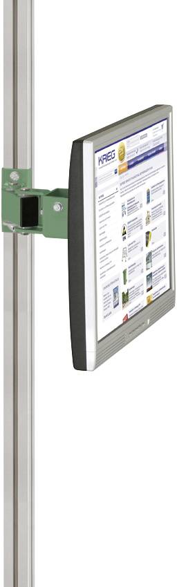Ein flacher Monitor ist an einer vertikalen Metallschiene montiert. Der Bildschirm zeigt eine Webseite mit Text und Bildern an.