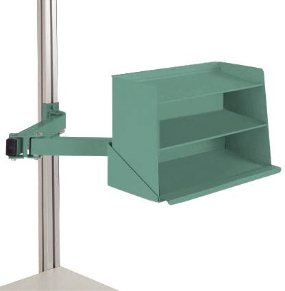 Grünes, verstellbares Regal an einem Metallgestell, geeignet zur Montage an Schreibtischen oder Werkbänken für zusätzliche Ablagefläche.