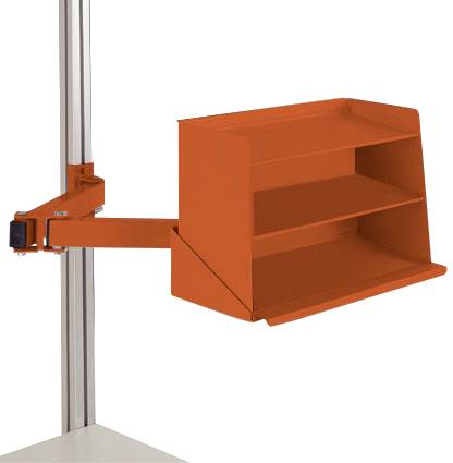 Ein höhenverstellbares, rotes Regal an einem vertikalen Ständer, geeignet für die Lagerung kleiner Gegenstände oder Werkzeuge.