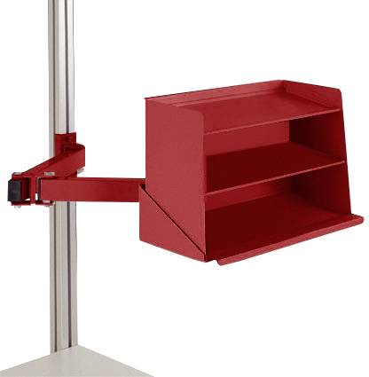 Rote Ablage mit drei Fächern, befestigt an einem vertikalen Ständer.