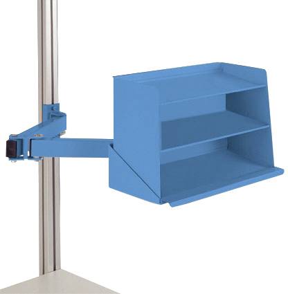 Blauer rechteckiger Regalaufsatz an einem vertikalen Ständer, mit zwei offenen Fächern für die Aufbewahrung.