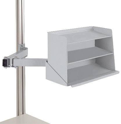 Graues, wandmontiertes Regal mit zwei Ablagefächern, befestigt an einem verstellbaren Arm, ideal zur platzsparenden Organisation.