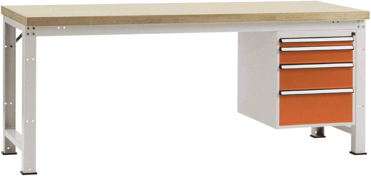 Ein stabiler Arbeitstisch mit einer Holzplatte und einem Set aus drei orangefarbenen Schubladen auf der rechten Seite.