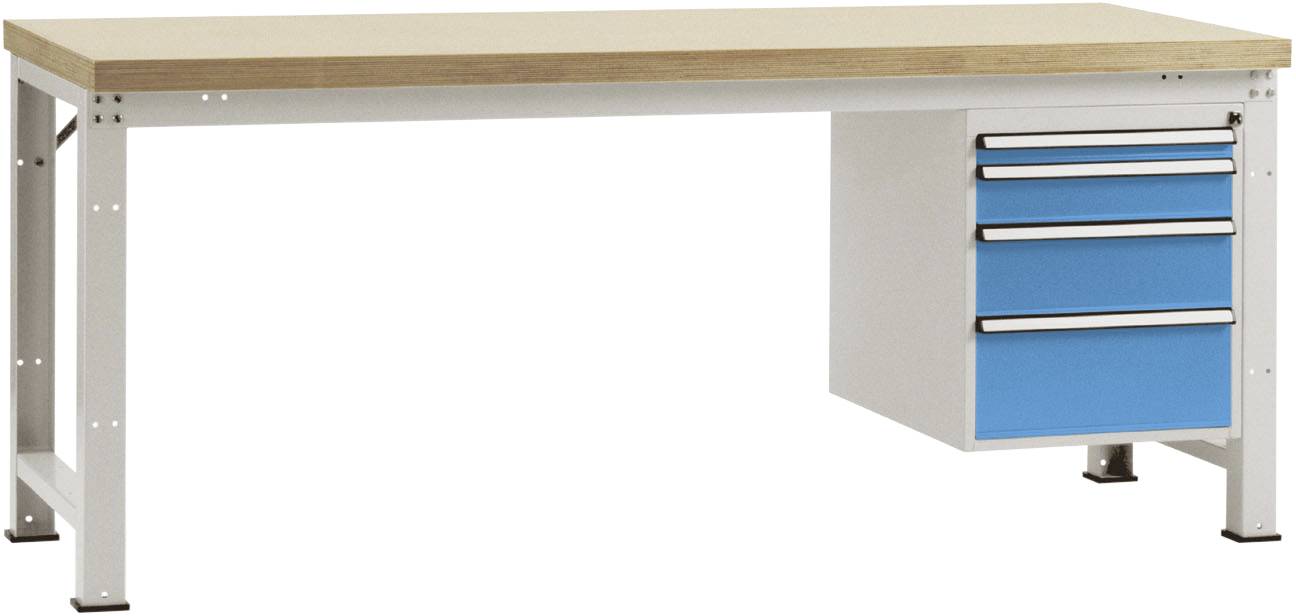 Ein Arbeitstisch mit einem hellen Holzplatte und einer weißen Metallstruktur. Rechts befinden sich drei blaue Schubladen.