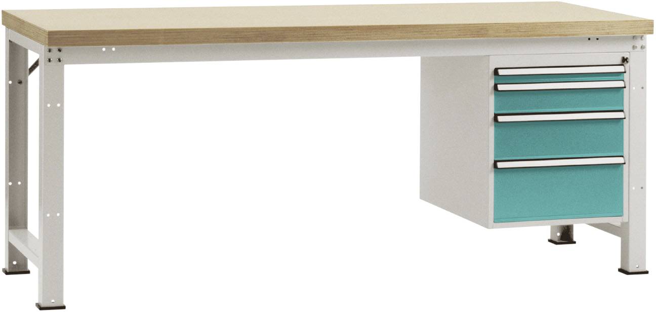 Ein stabiler Arbeitstisch mit Holzplatte und drei türkisfarbenen Schubladen rechts, geeignet für Werkstatt- oder Laborarbeiten.