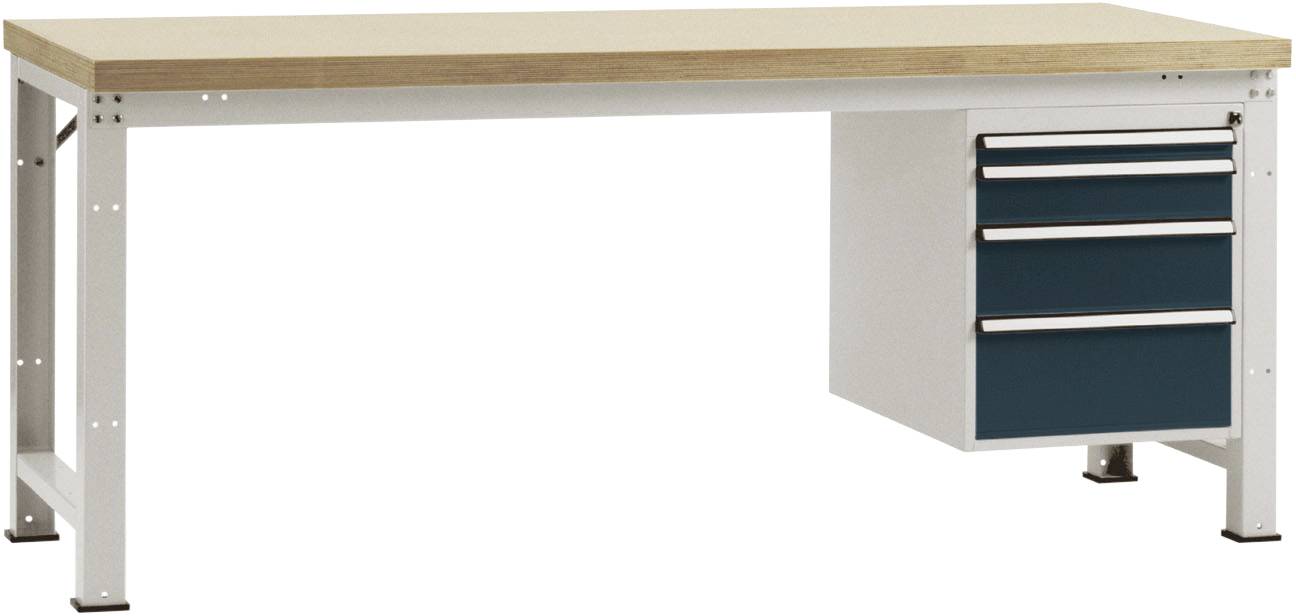 Ein Arbeitstisch mit Holzplatte und drei Schubladen an der rechten Seite. Solide Metallkonstruktion.