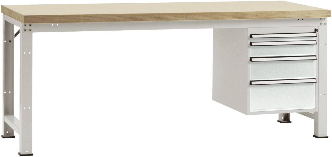 Ein rechteckiger Arbeitstisch mit hellem Holz oben und weißen Metallbeinen. Rechts befinden sich vier Schubladen unter der Tischplatte.