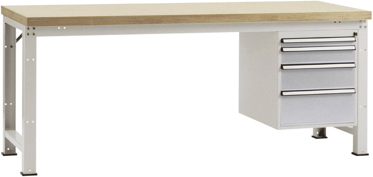 Ein Arbeitstisch aus Metall mit einer Holzplatte und vier Schubladen auf der rechten Seite.