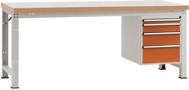 Werkbank mit Metallbeinen und Holzoberfläche, rechte Seite mit drei orangefarbenen Schubladen.