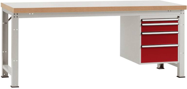 Ein stabiler Arbeitstisch mit Holzoberfläche und drei roten Schubladen auf der rechten Seite, geeignet für Werkstatt- oder Bürogebrauch.
