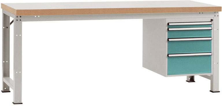 Ein einfacher Arbeitstisch mit Holzplatte und einem Schubladenblock auf der rechten Seite, ideal für Werkstättennutzung.