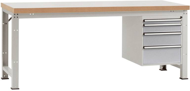 Metalltisch mit Holzplatte und integrierten Schubladen an der rechten Seite.
