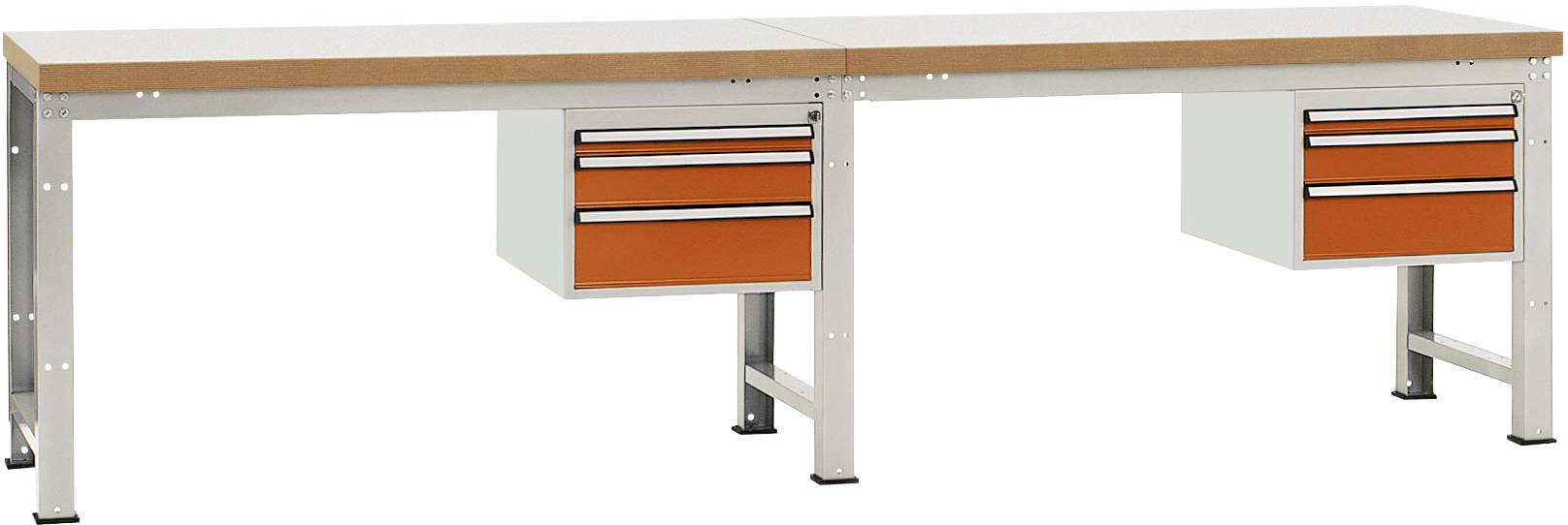 Ein langer Arbeitstisch mit zwei orangefarbenen Schubladenblöcken unter der Tischplatte. Stabiler Metallrahmen mit Holzplatte.