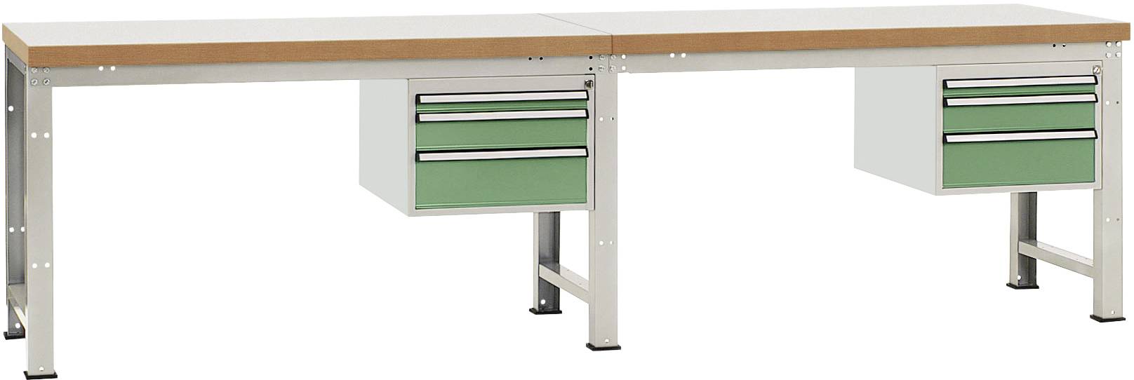 Ein langer Arbeitstisch aus Metall mit zwei grünen Schubladeneinheiten darunter, jeweils links und rechts angebracht.
