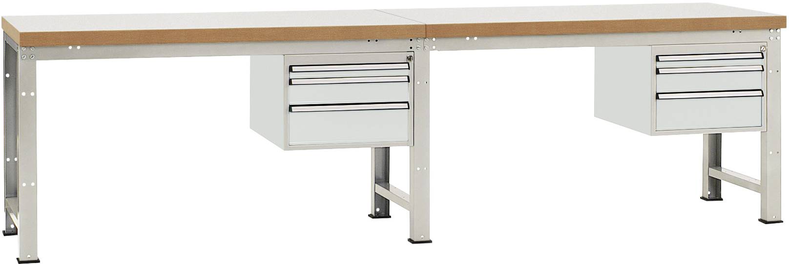 Ein langer Arbeitstisch mit zwei Schubladenblöcken darunter, Metallbeine und Holzplatte. Geeignet für Büro- oder Werkstattnutzung.