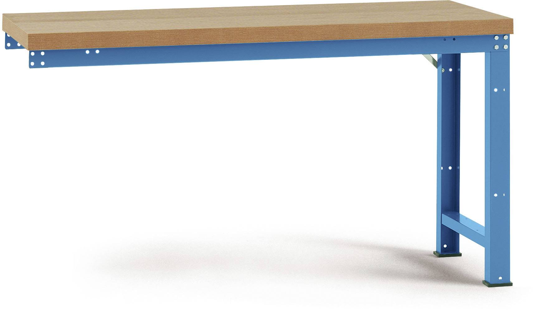 Ein stabiler Tisch mit einer Holzplatte und blauen Metallbeinen, ideal für Werkstätten oder industrielle Umgebungen.