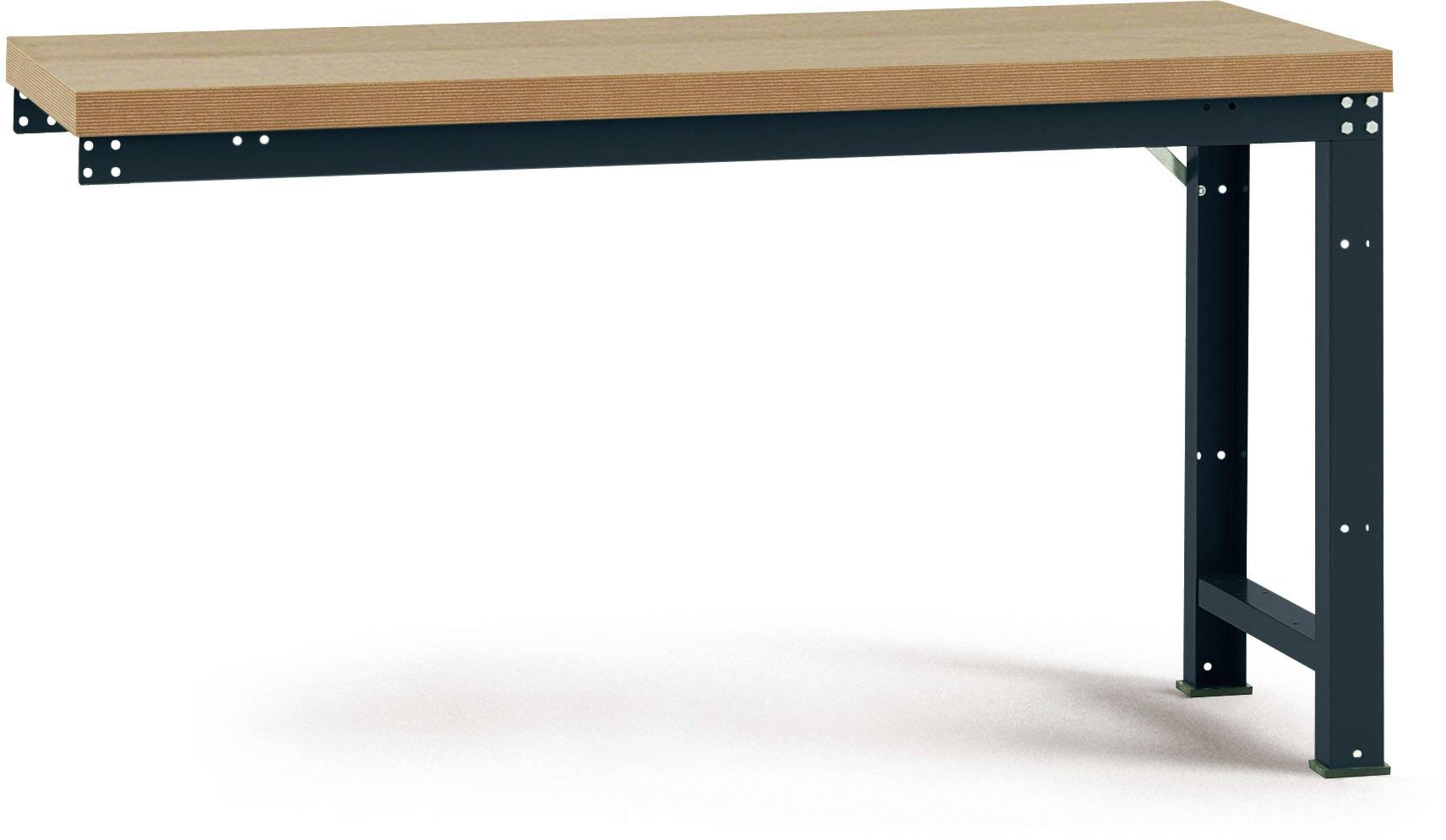 Werkbank mit stabilem schwarzen Metallrahmen und dicker brauner Holzoberfläche. Geeignet für Werkstattarbeiten und langlebig.