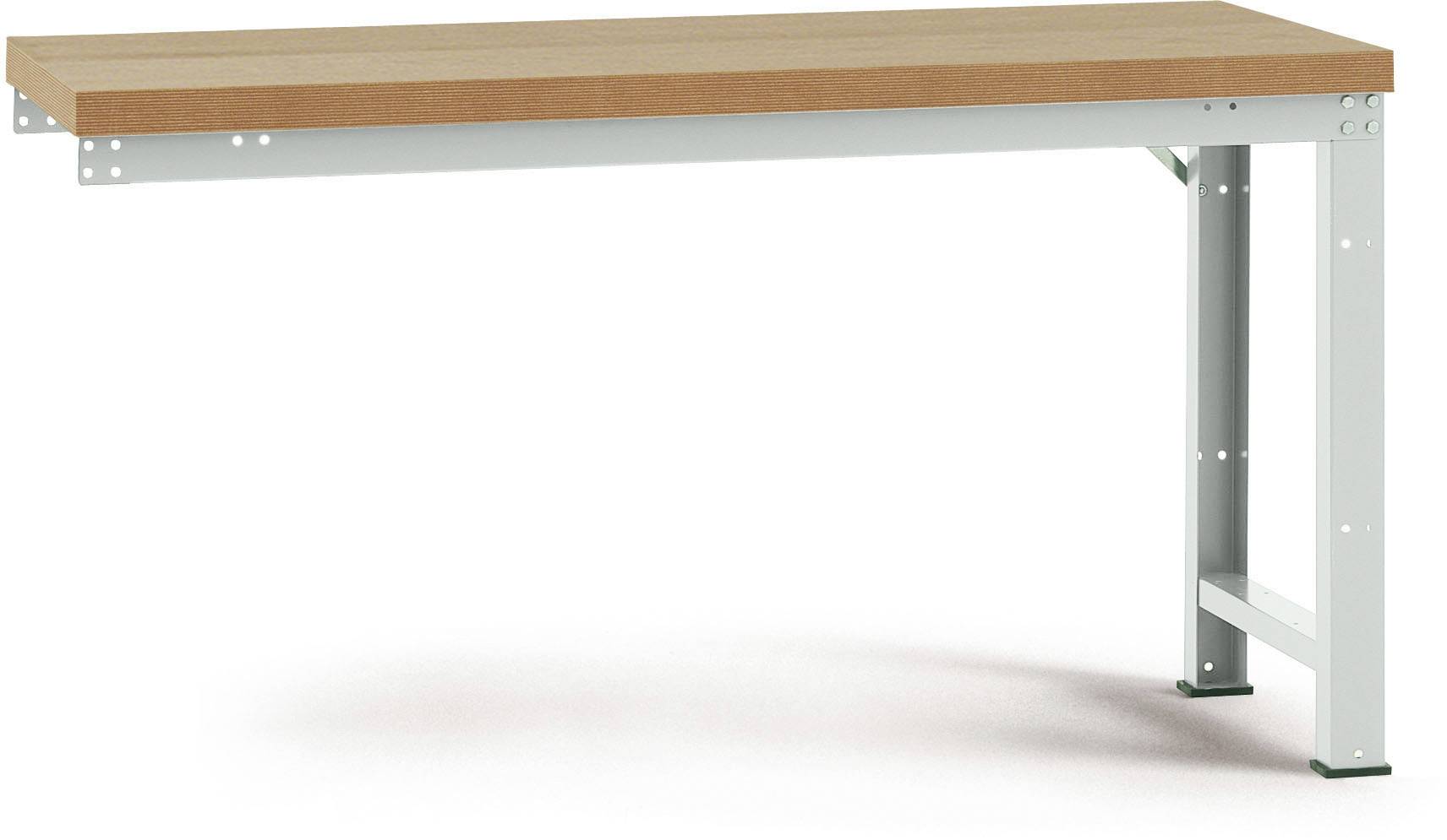 Ein rechteckiger Holztisch mit grauem Metallgestell.