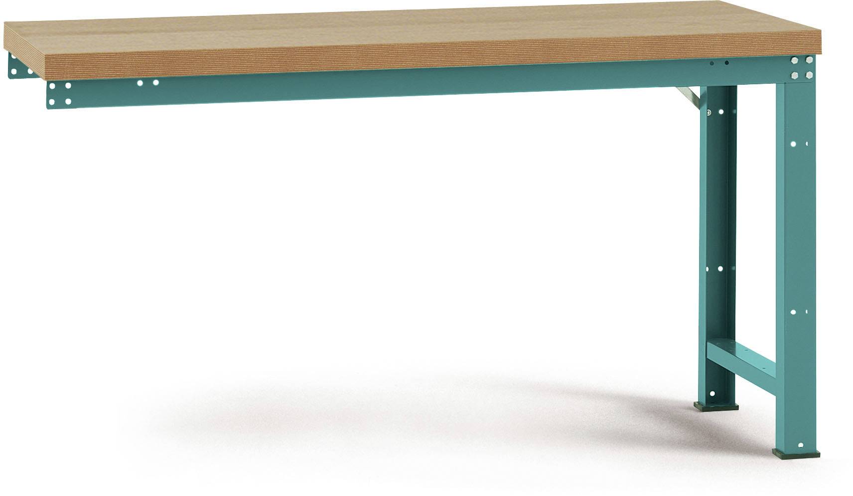 Ein rechteckiger Tisch mit einer Holzoberfläche und türkisfarbenen, metallenen Tischbeinen.