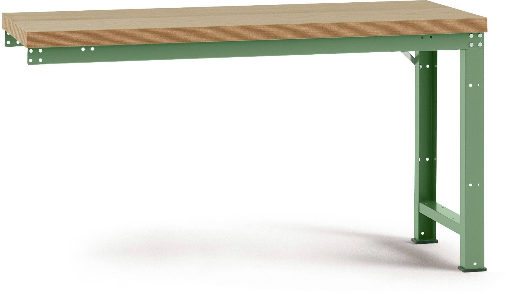 Ein stabiler Arbeitstisch mit grünem Metallgestell und Holzplatte für industrielle oder handwerkliche Anwendungen.