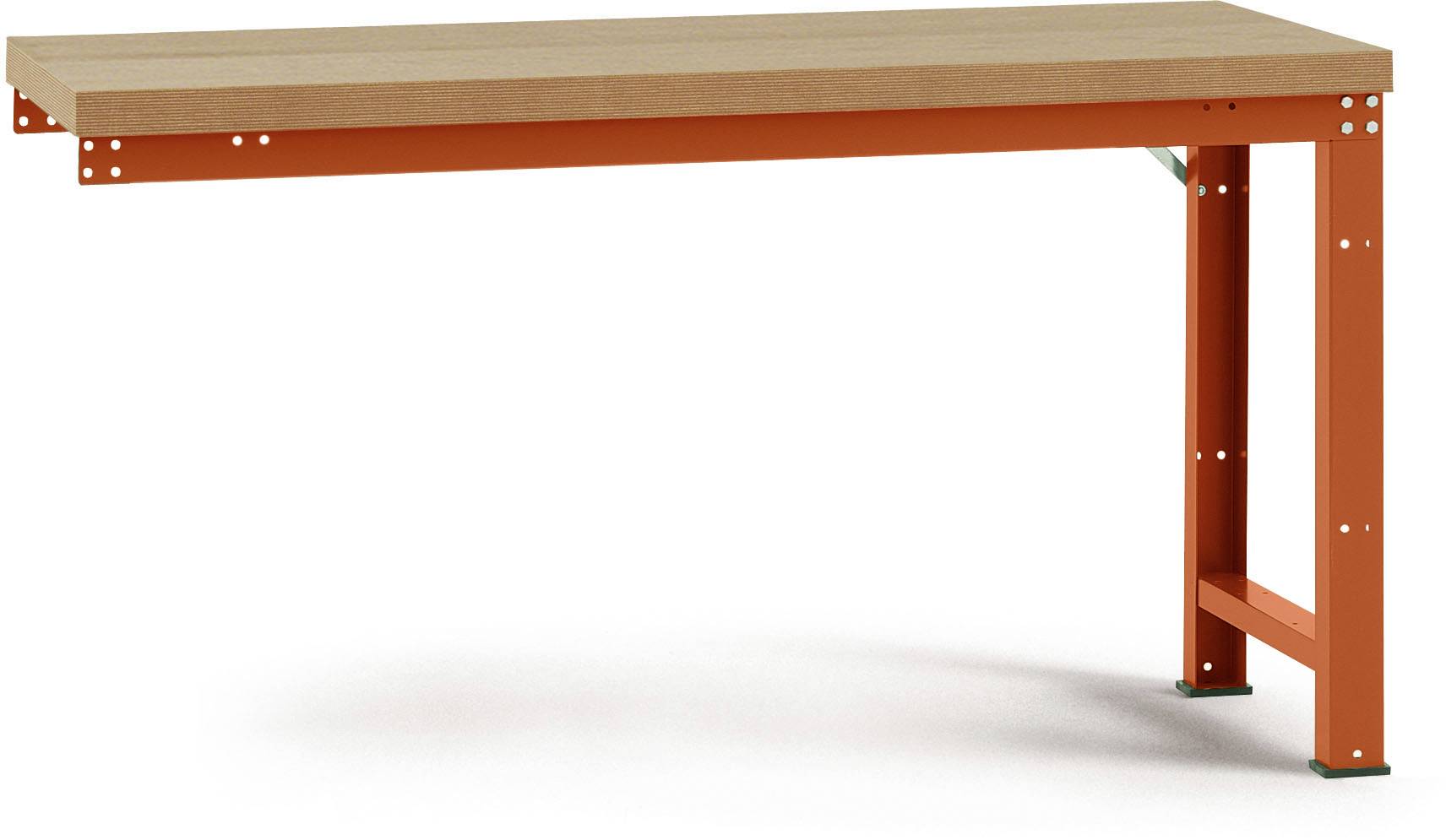 Ein einfacher Holztisch mit stabilem, orangefarbenem Metallgestell, geeignet für Werkstätten oder Garagen.