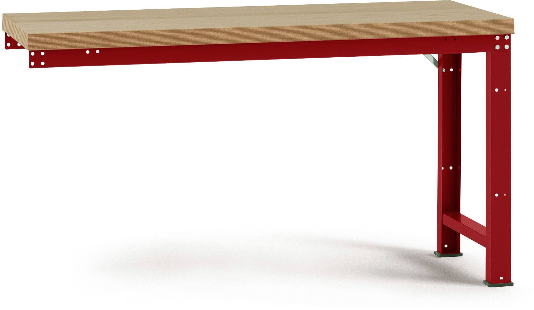 Ein einfacher Tisch mit einer Holzplatte und roten Metallbeinen. Ideal für Werkstatt- oder Garagenanwendungen.