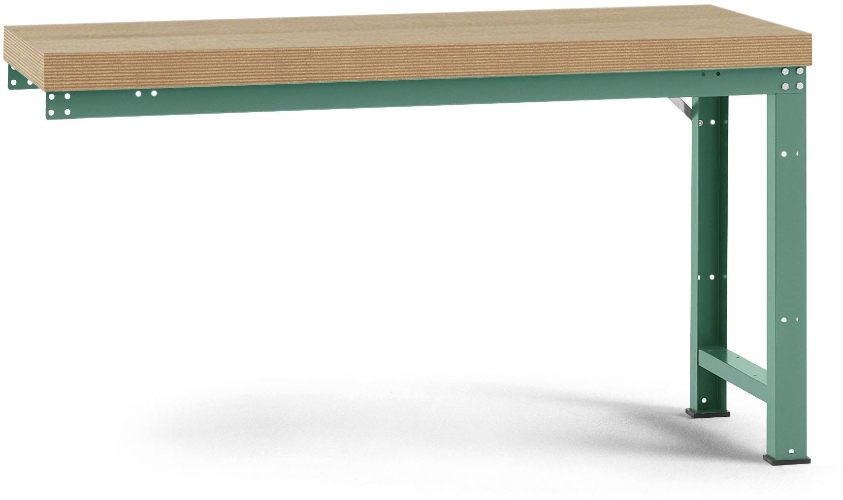 Ein grüner Metallarbeitstisch mit Holzplatte ohne abgebildete Objekte oder Personen.