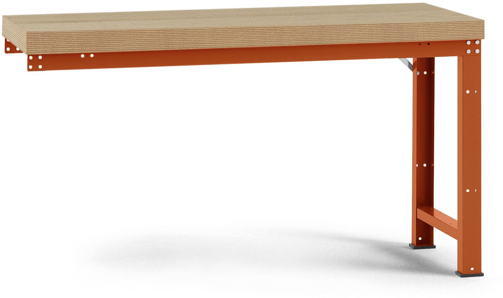 Ein stabiler Tisch mit orangefarbenem Stahlgestell und einer Holzplatte. Geeignet für Werkstatt- oder Lagerumgebungen.