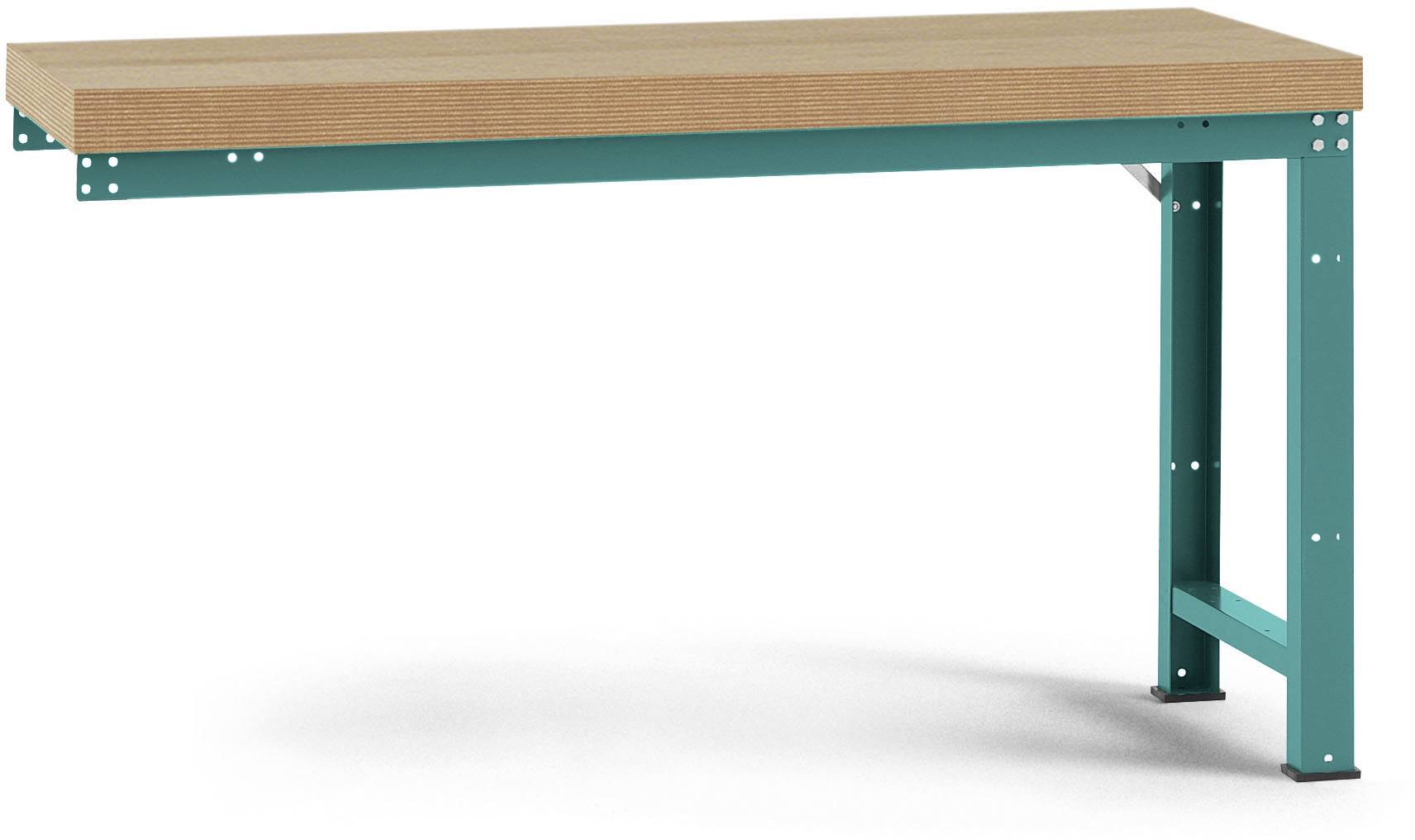 Ein rechteckiger Tisch mit einer Holzplatte und türkisfarbenen Metallbeinen.