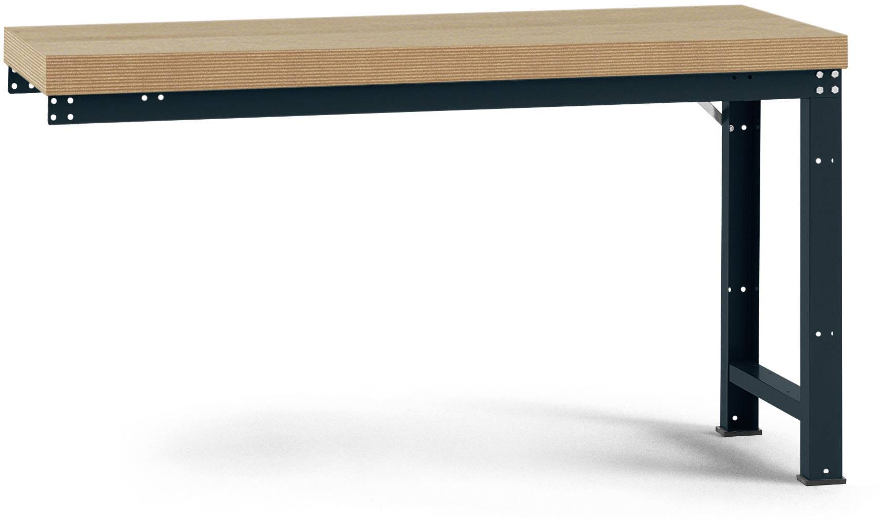 Metallisches Werkbankgestell mit einem rechteckigen Holzplatte oben; robustes Design für industrielle oder handwerkliche Aufgaben.