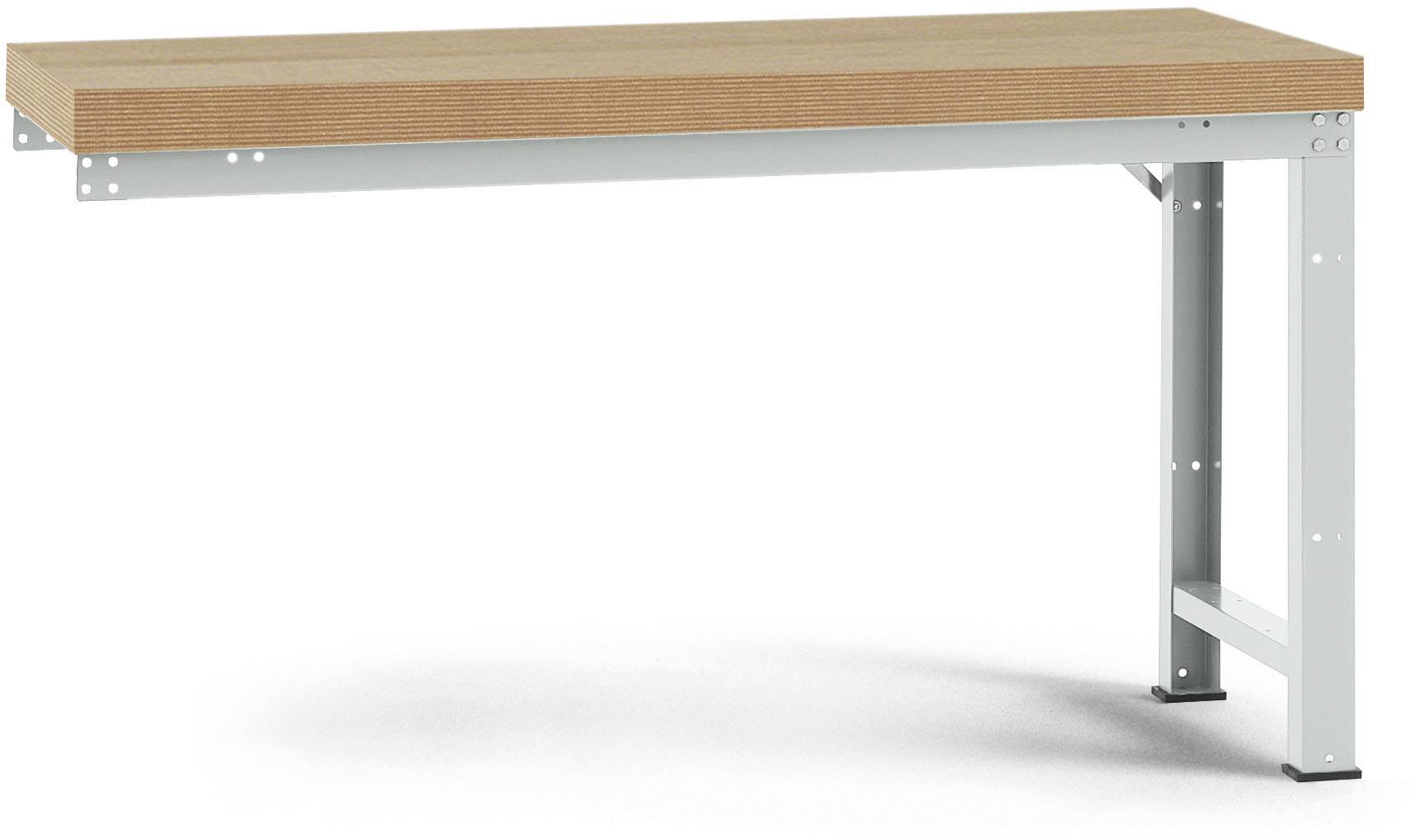 Ein stabiler Tisch mit einem hölzernen Tischplatte und metallenen Beinen. Ideal für Werkstatt- oder Industrienutzung.