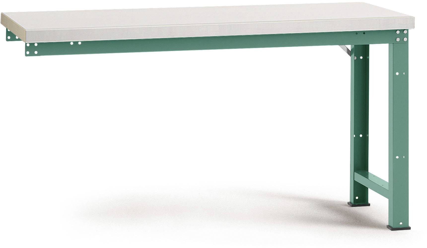Ein grüner Arbeitstisch mit weißer Tischplatte, industrielle Bauweise, freistehend mit stabiler Metallkonstruktion.