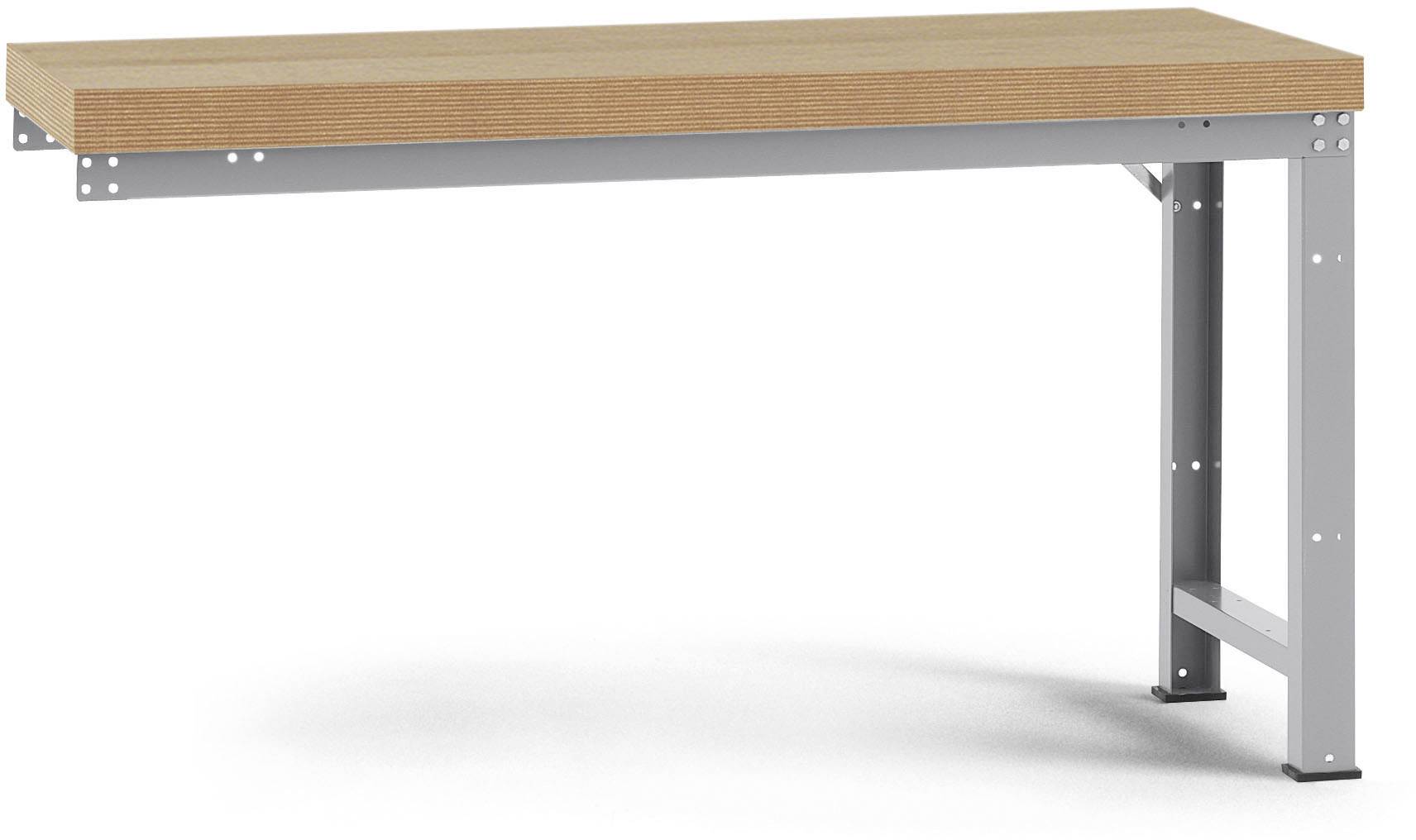 Ein stabiler Werkbank mit einer glatten Holzoberfläche und einem Metallrahmen, gezeigten Beine und Schraubenlöcher zur Montage.