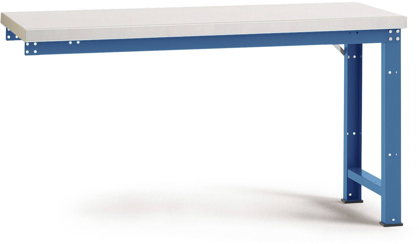 Ein stabiler blauer Tisch mit einem weißen Tischplatte und einem Metallgestell, geeignet für industrielle oder handwerkliche Arbeiten.