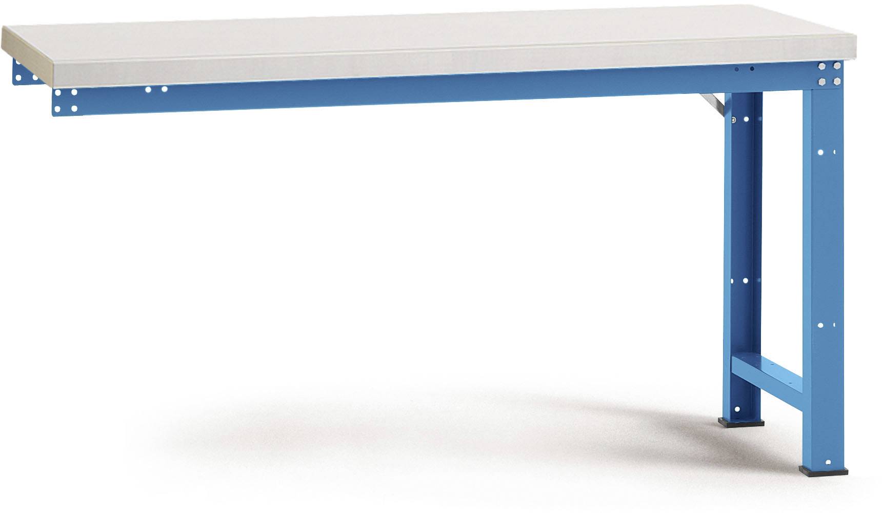 Ein blauer Tisch mit einer grauen Tischplatte, geeignet für industrielle oder handwerkliche Arbeiten. Stabiler Metallrahmen.
